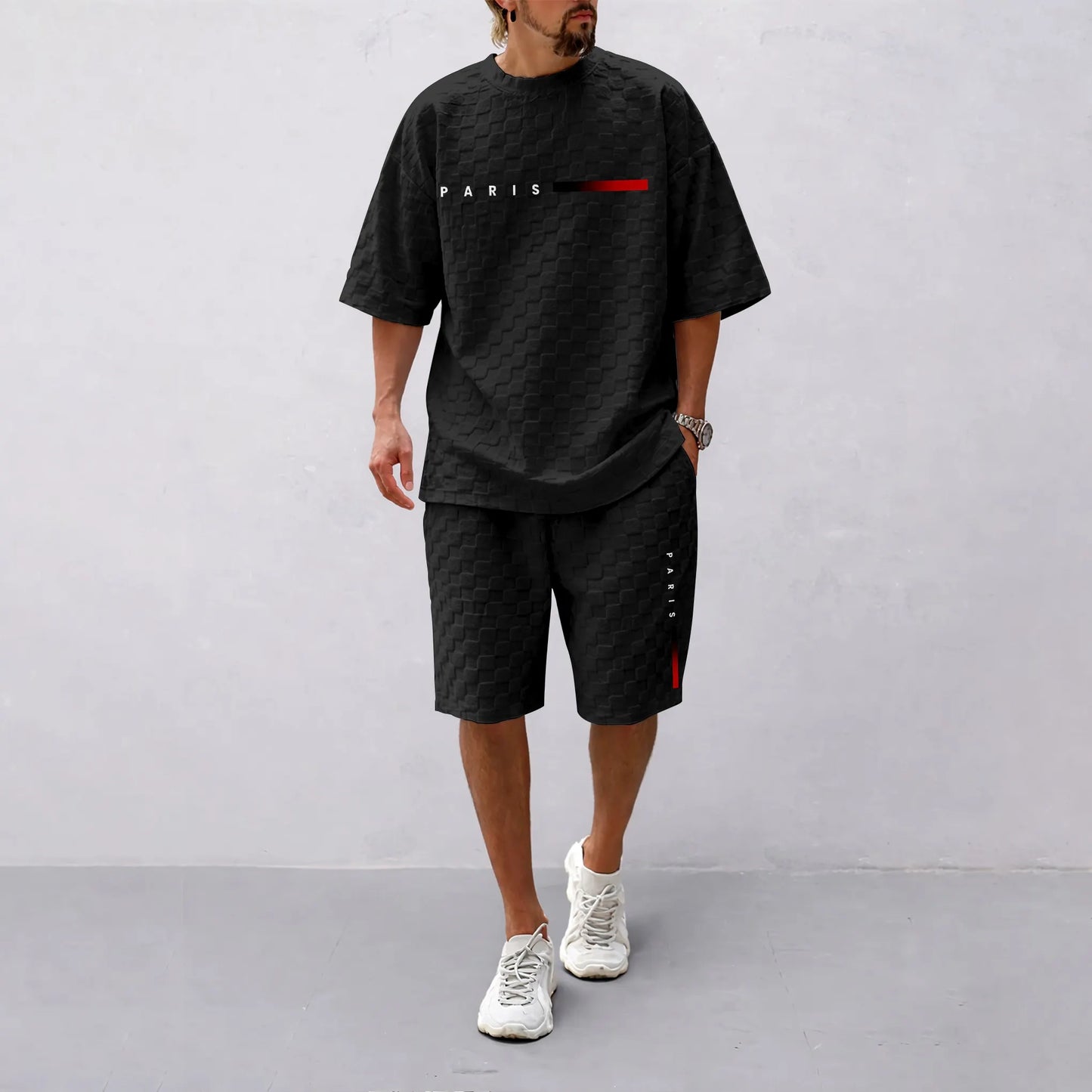 Men's Spring and Summer 'PARIS' Letter Print with Red and Black Line Checkered Fabric Drawstring Shorts Set, Casual Summer Outfit with Short-Sleeved Shirt and Shorts, Ideal for Everyday Wear and Sports Activities