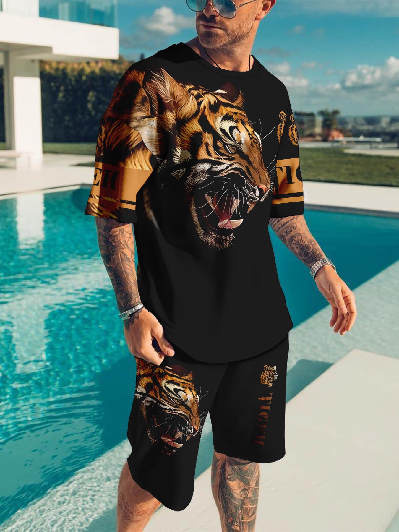 Men's Summer Animal Print Round Neck Set 948
