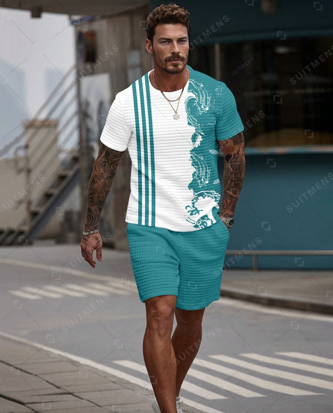 Men's Casual Waffle Textured Summer Round Neck Short Sleeve Shorts Set 001