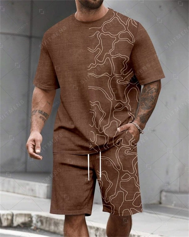 Men's Summer Retro Printed Round Neck Set 819
