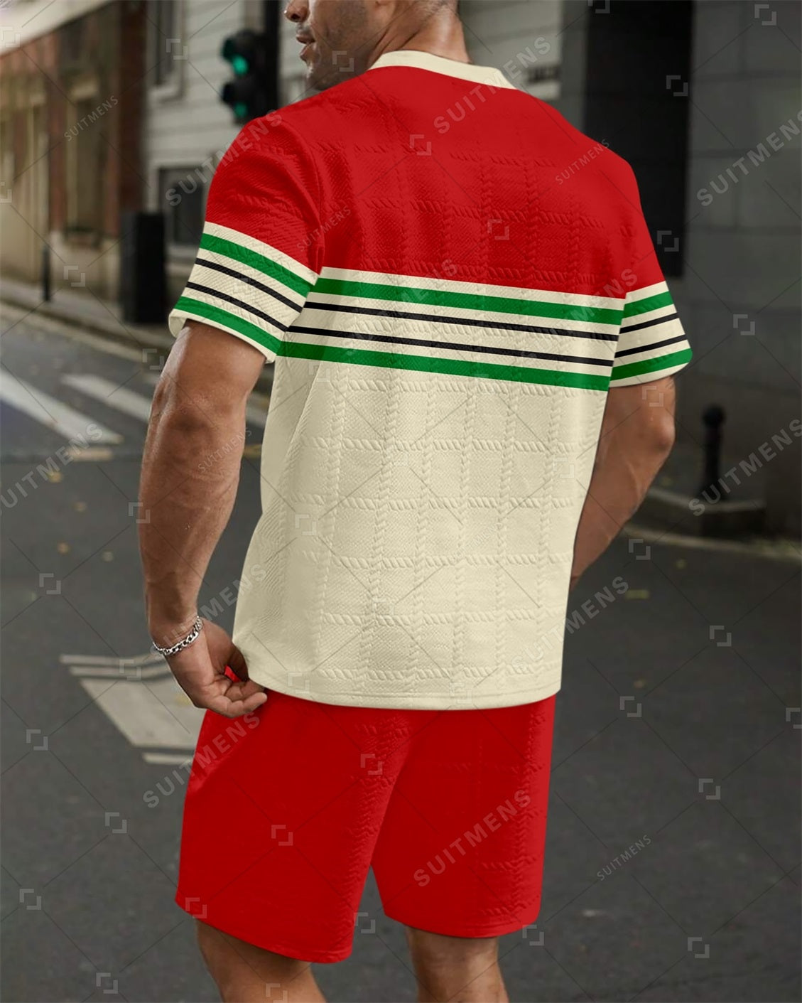 Men's Jacquard Textured Color Block Printed Short Sleeve Shorts Set 007