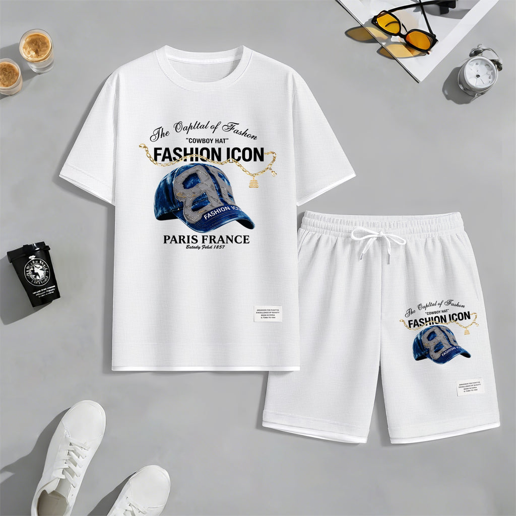 Men's Retro Cool Letter Print Short Sleeve T-Shirt & Shorts Set, Summer Lightweight Waffle Sporty Casual Two-Piece Outfit, Streetwear for Gym & Daily Wear