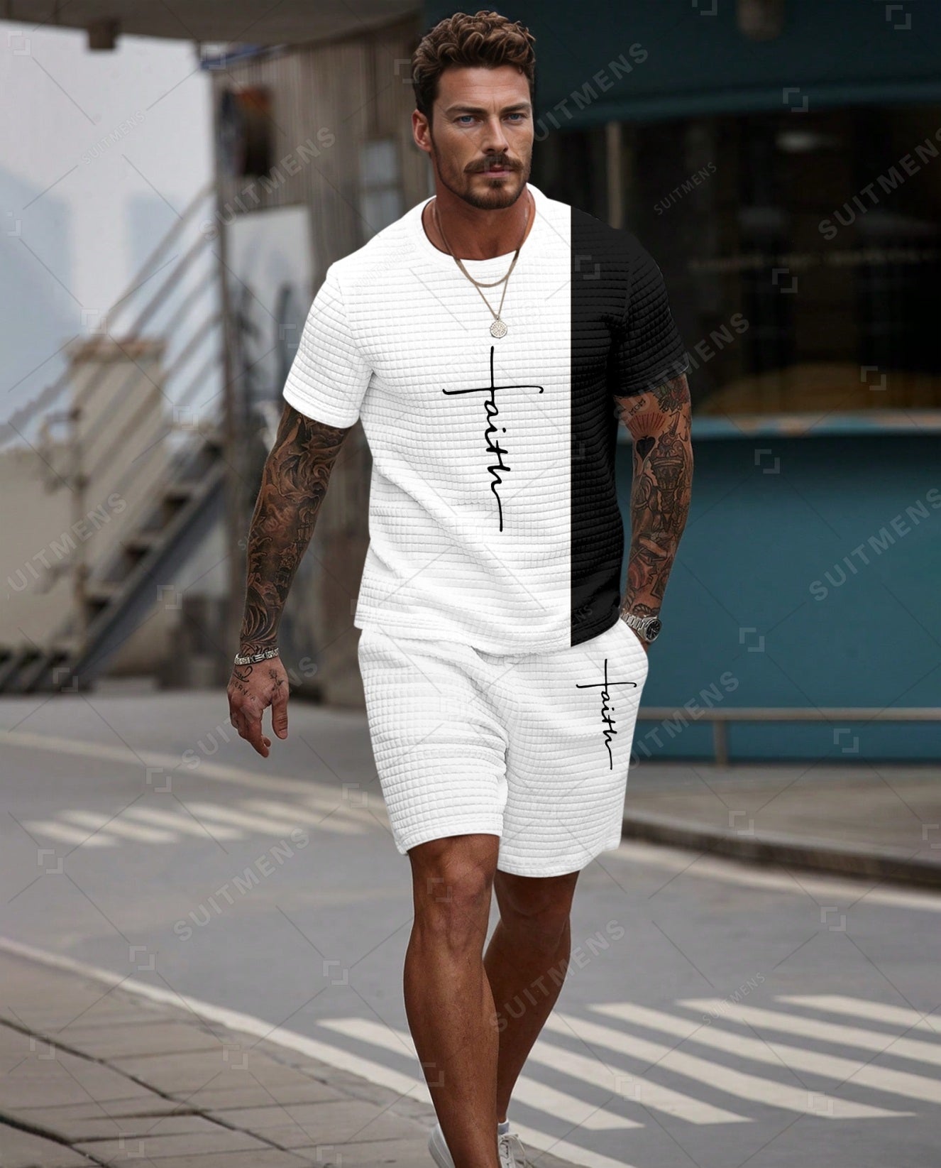 Men's Casual Waffle Textured Summer Round Neck Short Sleeve Shorts Set 0010