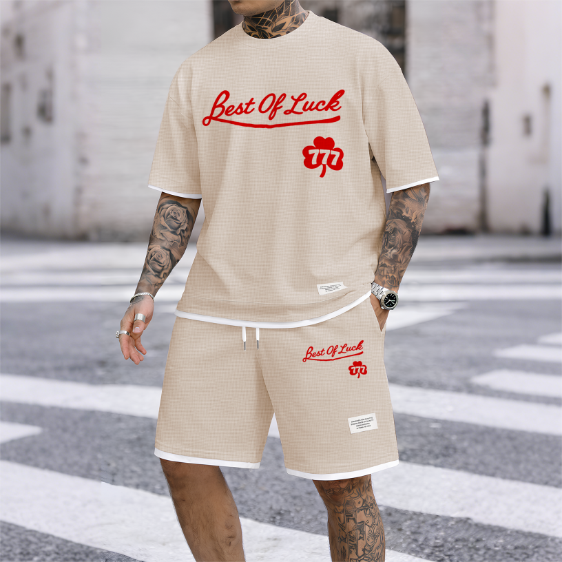 Men's Casual Style 777 Print Waffle Fabric Short-Sleeved Shirt And Shorts Set