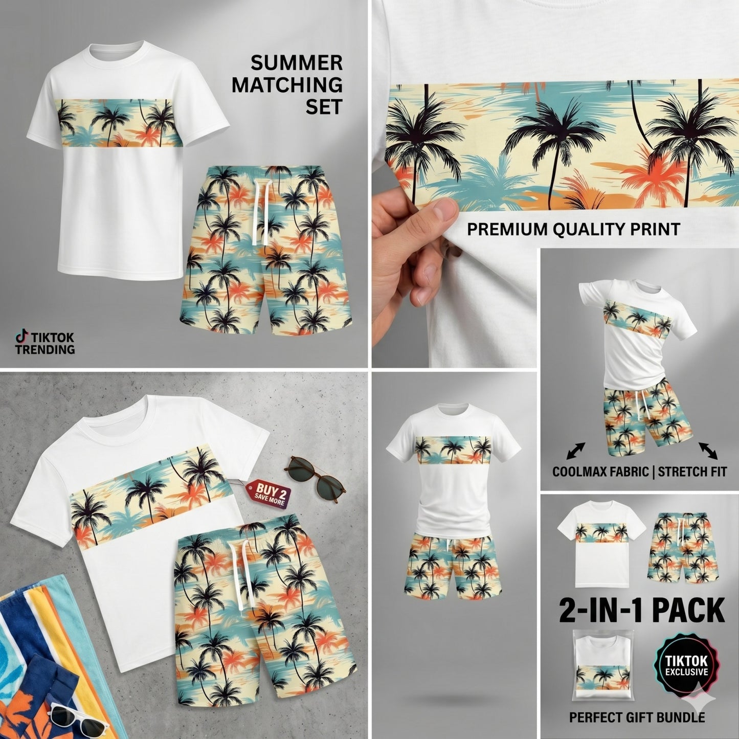 Men’s Beach Print Matching Set, Tropical Palm Graphic Short Sleeve Tee and Elastic Waist Shorts 2 Piece Outfit, Soft Breathable Summer Clothing for Vacation, Seaside Trips, Cruise, Holiday, Outdoor Leisure, and Everyday Wear