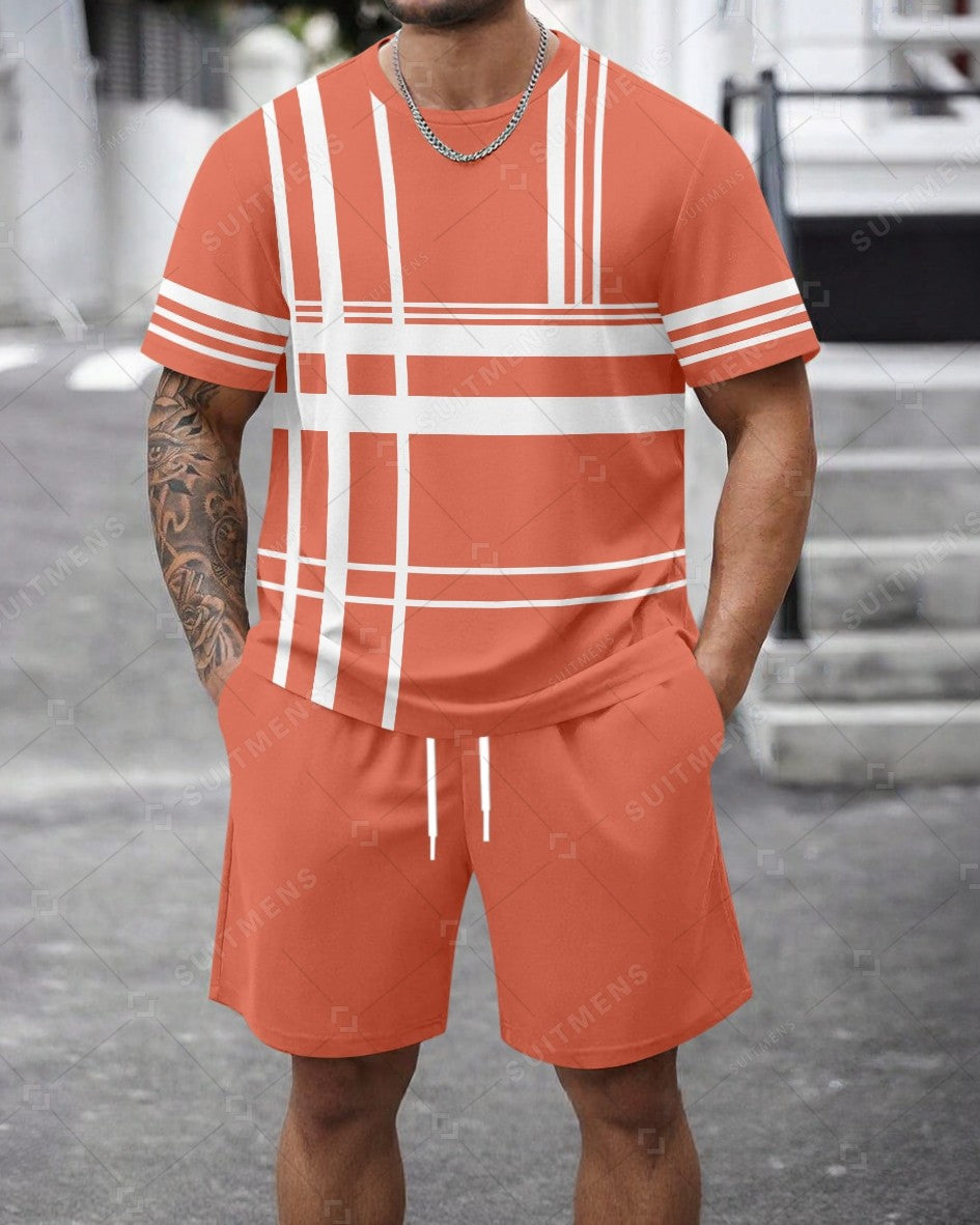 Men's Summer Colorblock Printed Round Neck Set 466