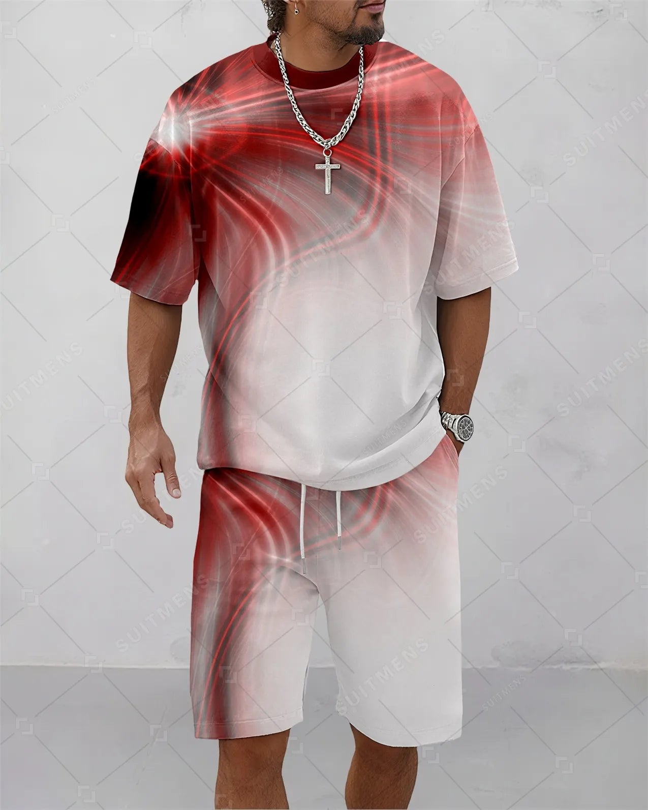Men's Summer Colorblock Printed Round Neck Suit 082