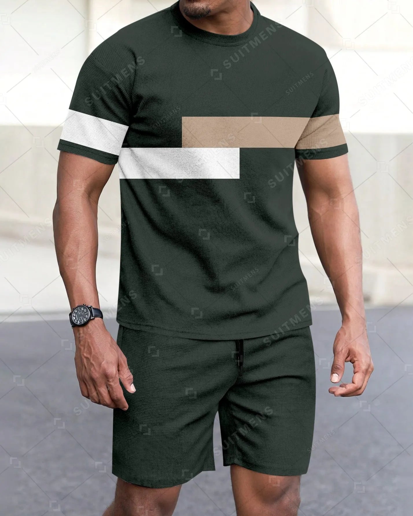 Men's Summer Colorblock Printed Round Neck Set 284