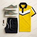 Men's Casual Black & Yellow Color Matching Geometric Printed Short Sleeved Polo Shirt & Trousers Two-Piece Set