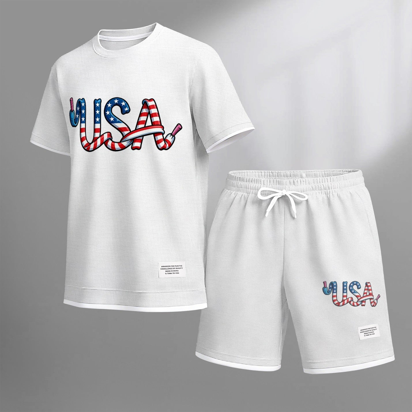 Men's USA print drawstring shorts set for spring/summer, a casual summer outfit including a short-sleeved shirt and shorts, suitable for everyday wear and sports. A two-piece set for a relaxed and energetic lifestyle.