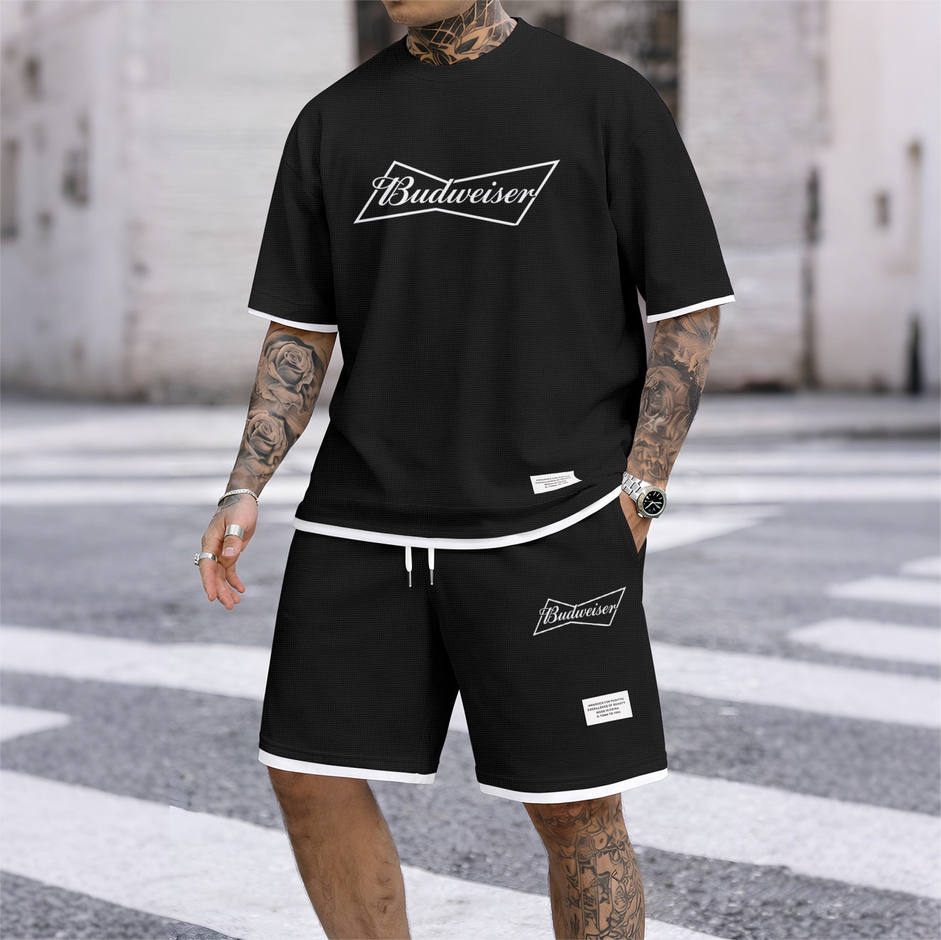 Men's King Of Beers Print Waffle Fabric Short-Sleeved Shirt And Shorts Set