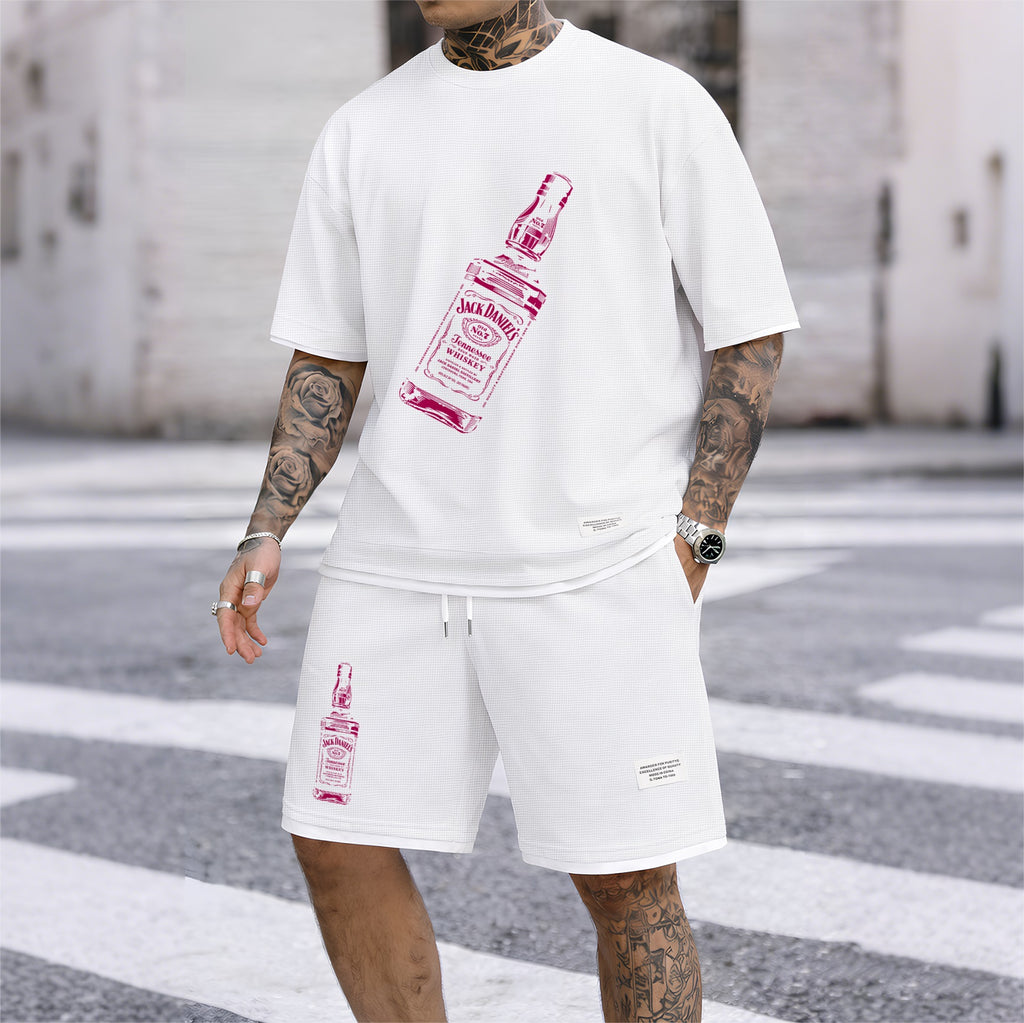 Men's Beer And Beverage Printed Drawstring Shorts Set, Suitable For Spring And Summer Wear, Casual Summer Set, Including Short-Sleeved Shirt And Shorts, Suitable For Everyday Wear And Sports 07
