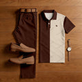 Men's Casual Apricot & Coffee Color Matching Printed Short Sleeved Polo Shirt & Trousers Two-Piece Set