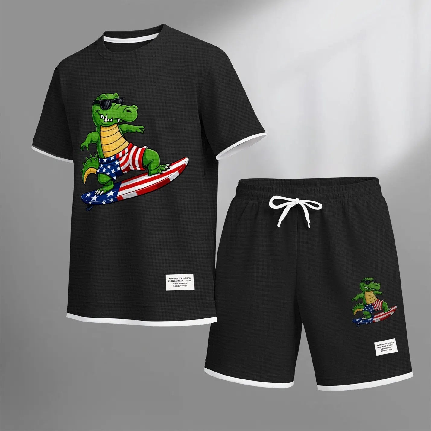 Men's Amusing Animals print drawstring shorts set for spring/summer, a casual summer outfit including a short-sleeved shirt and shorts, suitable for everyday wear and sports. A two-piece set for a relaxed and energetic lifestyle.