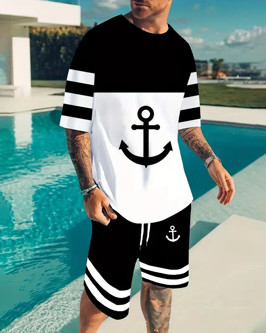 Suitmens Men's casual vacation color block printed shorts Set 570