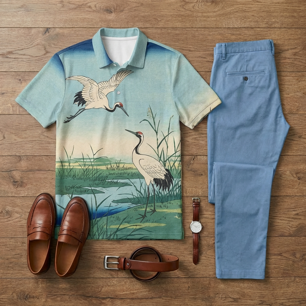 Men's Casual Blue Crane Printed Short-Sleeve Polo Shirt And Trousers Two-Piece Set