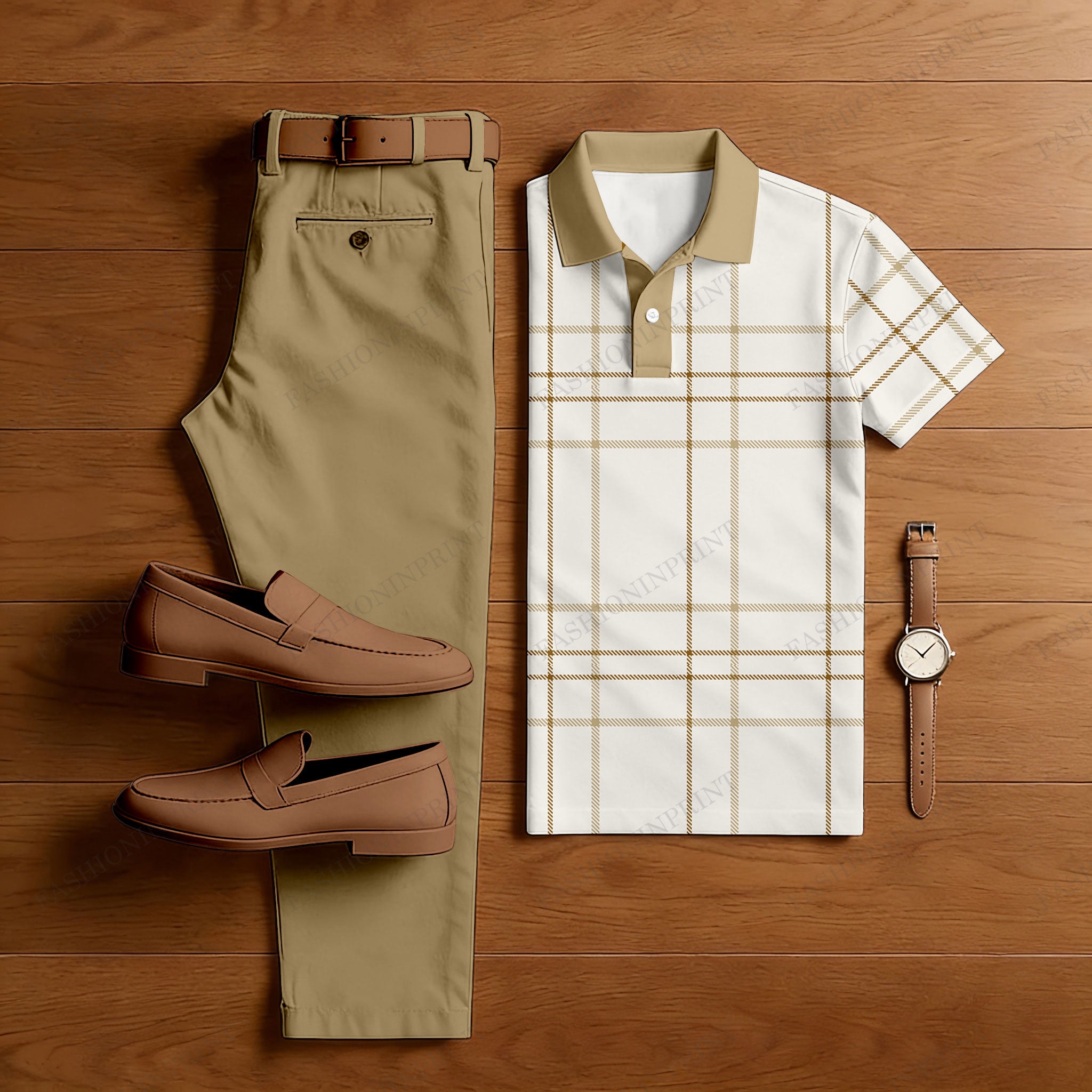 Men's Casual Khaki & White Color Matching Chekered Printed Short Sleeved Polo Shirt & Trousers Two-Piece Set