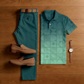 Men's Casual Light Green Gradient Print Short-Sleeved Polo Shirt And Trousers Two-Piece Set