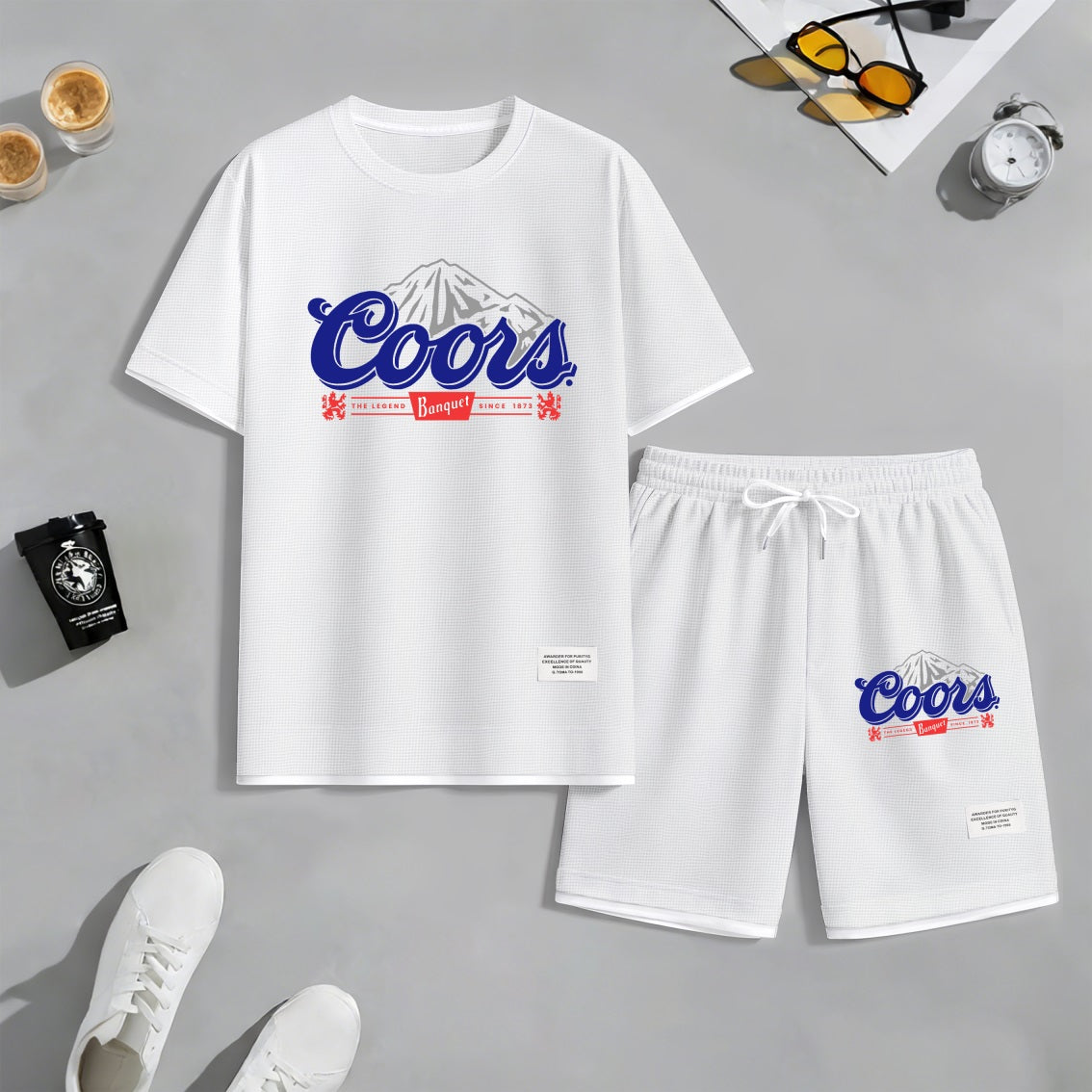 Men's American Beer Print Waffle Fabric Short-Sleeved Shirt And Shorts Set