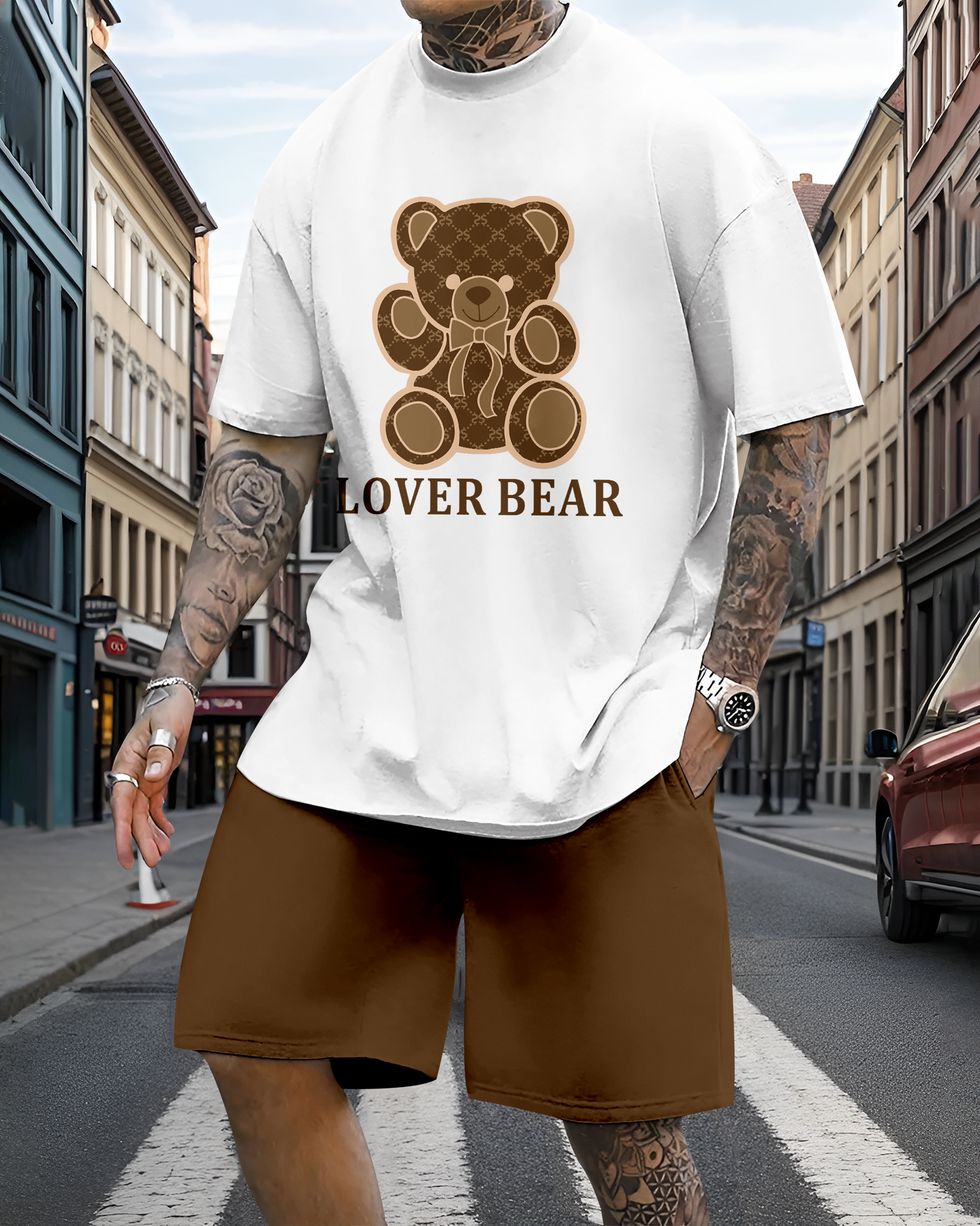 Men's casual fun bear print shorts set 609