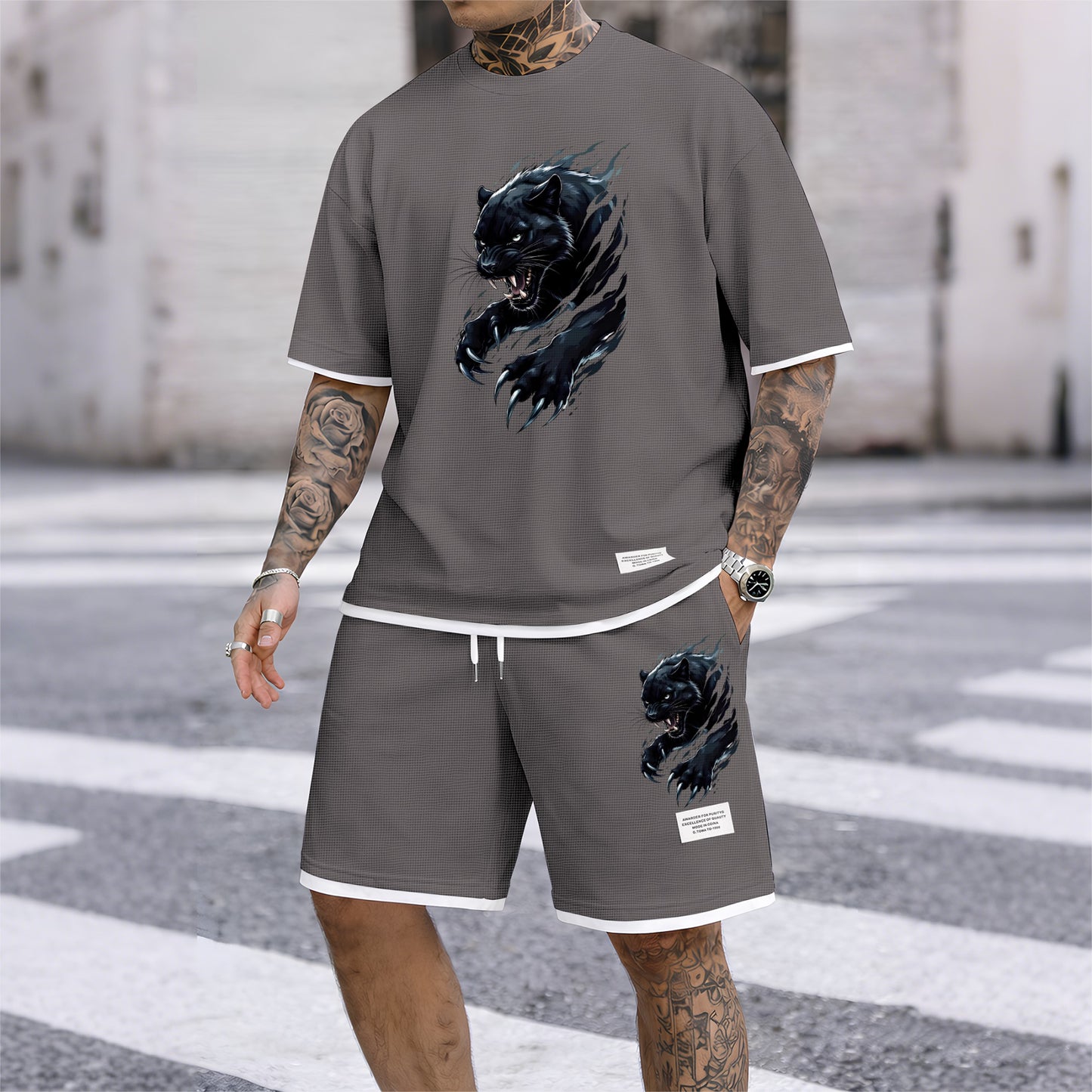 Men's Black Panther Graphic Print Waffle Short Sleeve T-Shirt & Shorts Set, Summer Lightweight Sporty Casual Two-Piece Outfit, Streetwear for Gym & Daily Wear