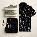 Men's Casual Black & White Color Matching Art Printed Short Sleeved Polo Shirt & Trousers Two-Piece Set
