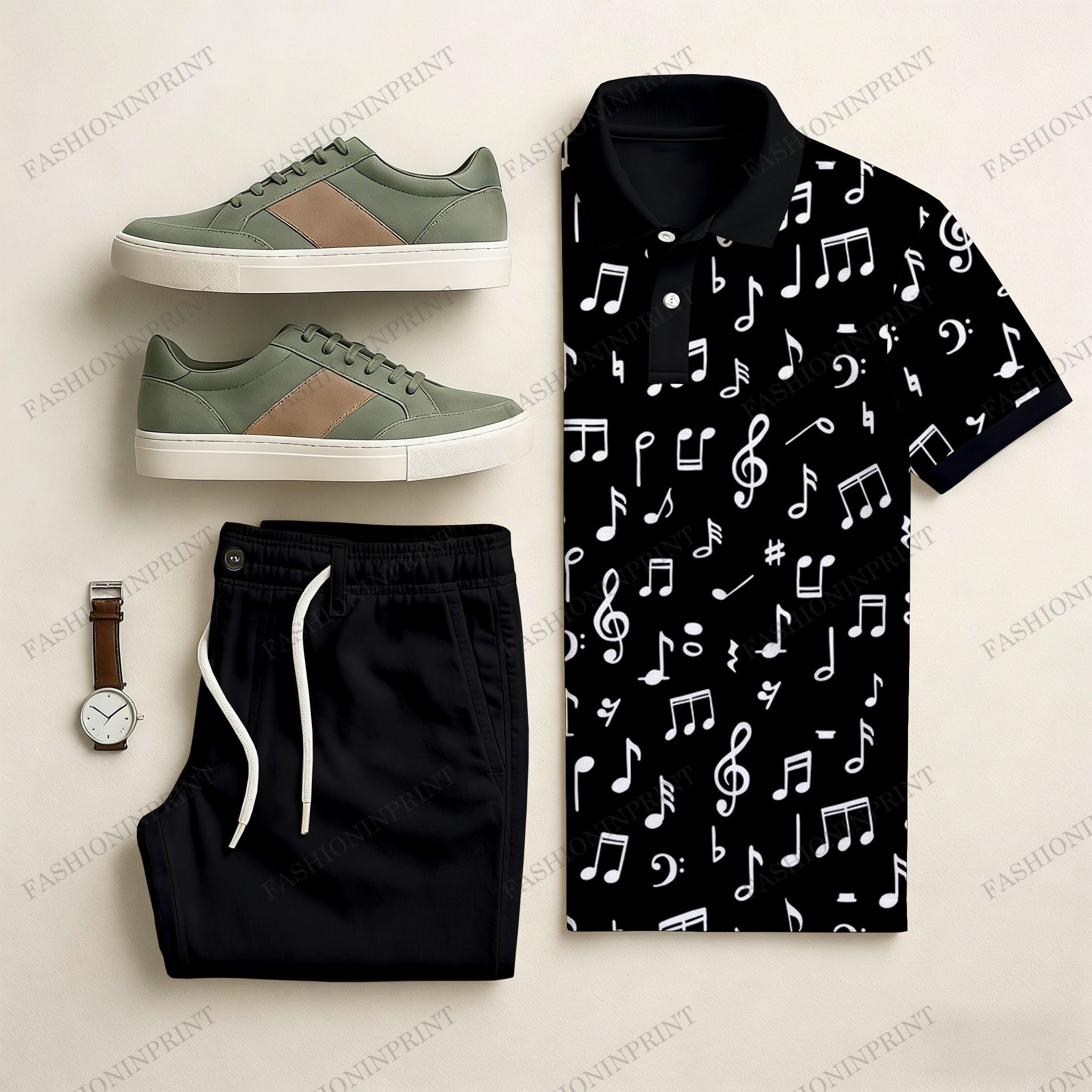Men's Casual Black & White Color Matching Art Printed Short Sleeved Polo Shirt & Trousers Two-Piece Set