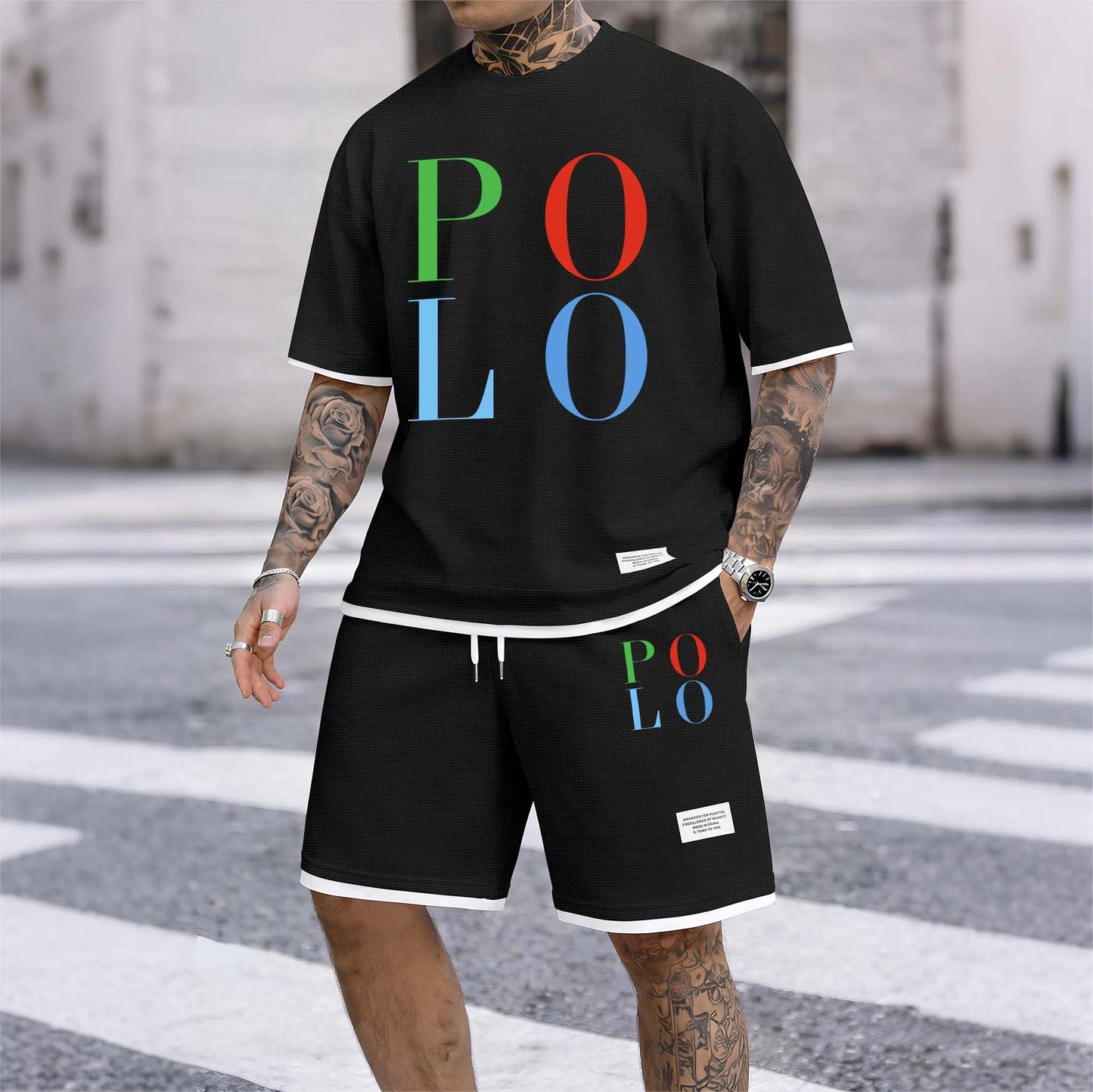 Men's Polo Print Drawstring Shorts Set For Spring/Summer. A Casual Summer Outfit, Including A Short-Sleeved Shirt And Shorts, Suitable For Everyday Wear And Sports. A Two-Piece Set For A Relaxed And Energetic Lifestyle.