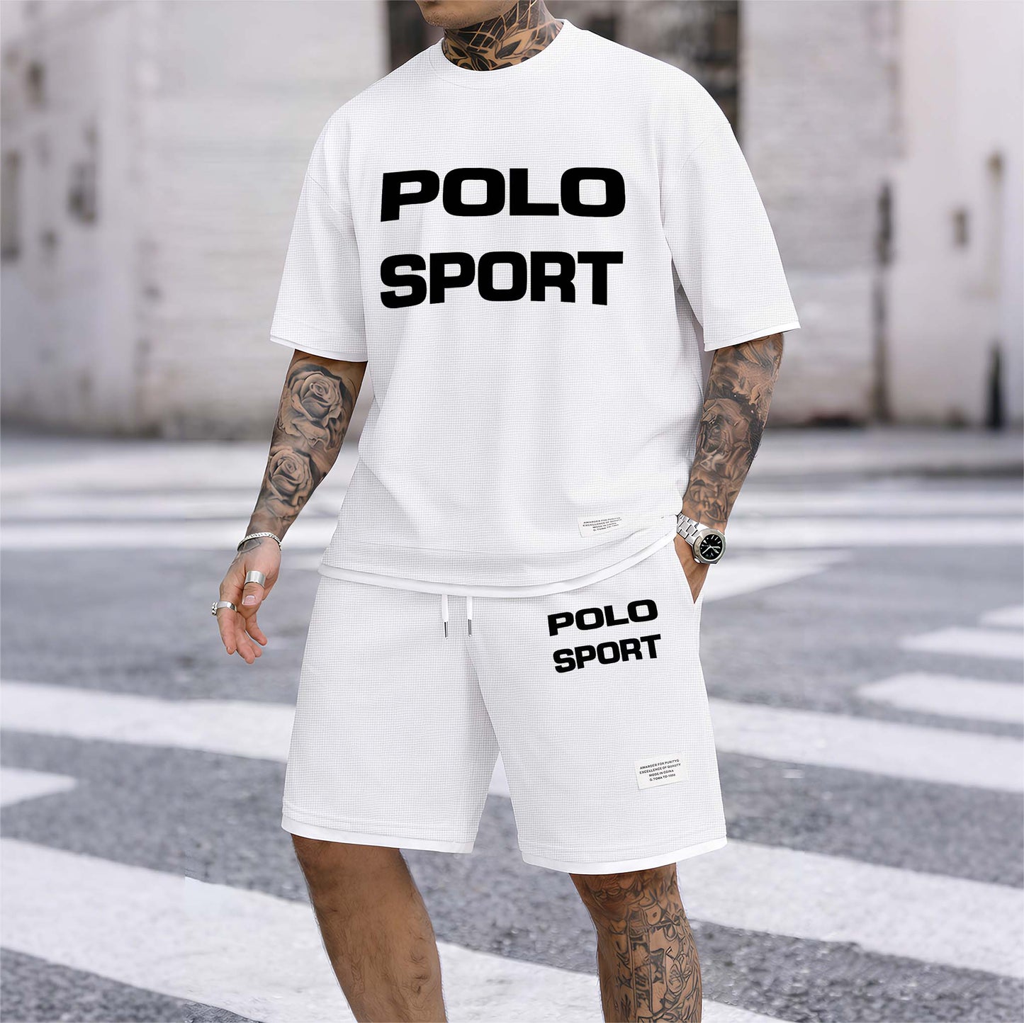 Men's Polo Sport Print Drawstring Shorts Set For Spring/Summer. A Casual Summer Outfit, Including A Short-Sleeved Shirt And Shorts, Suitable For Everyday Wear And Sports. A Two-Piece Set For A Relaxed And Energetic Lifestyle.