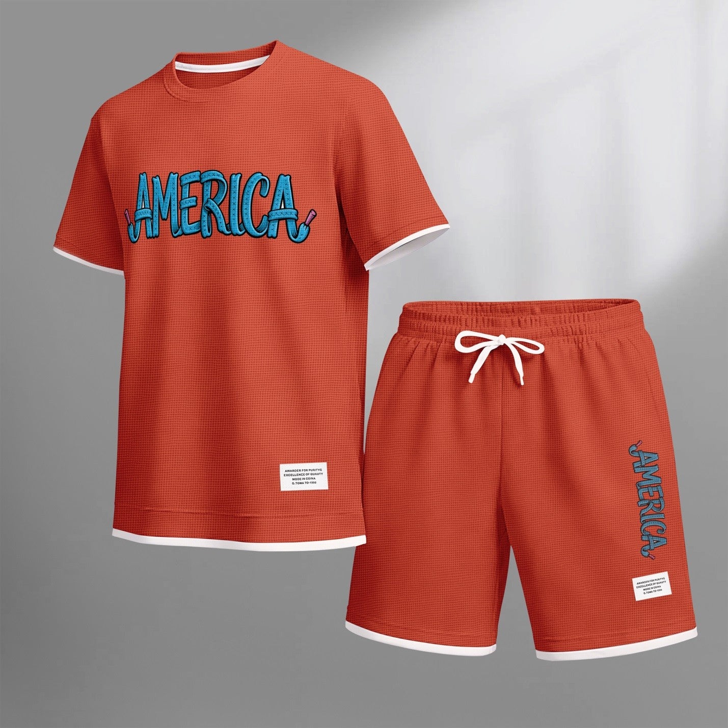 Men's American print drawstring shorts set for spring/summer, a casual summer outfit including a short-sleeved shirt and shorts, suitable for everyday wear and sports. A two-piece set for a relaxed and energetic lifestyle.