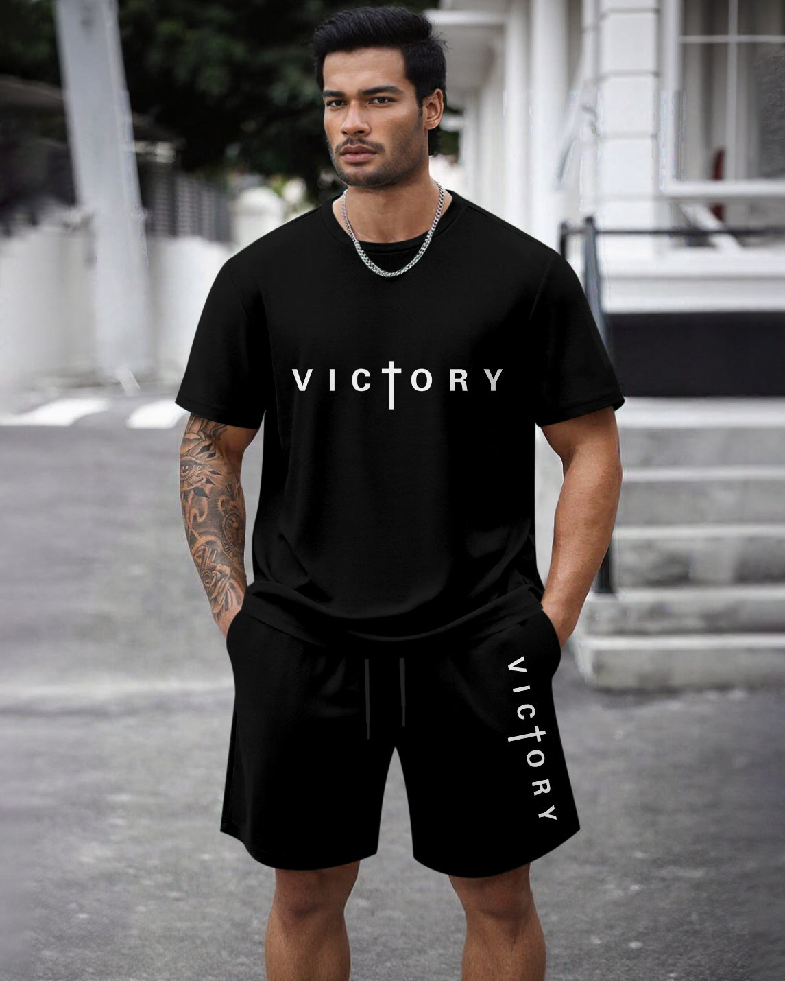 Men's Summer Colorblock Printed Round Neck Set 467