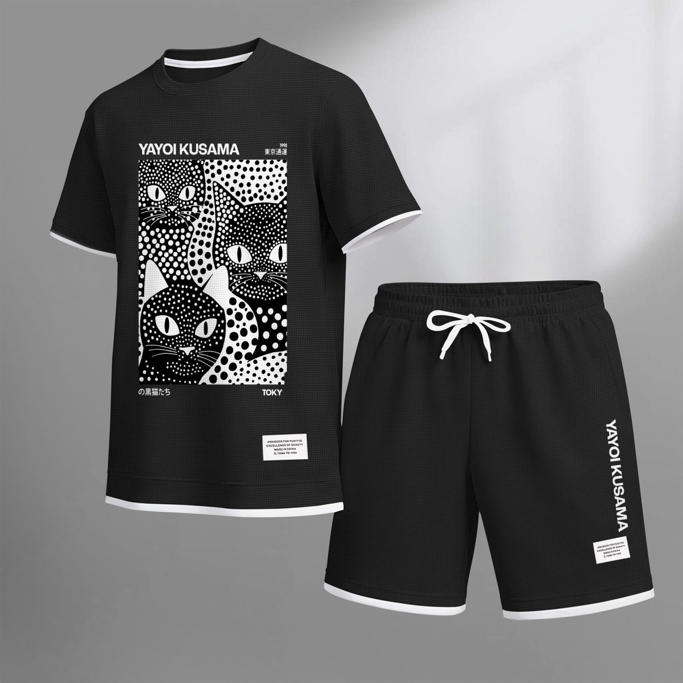 Men's Polka-Dot Black Cat Print Waffle Fabric Short-Sleeved Shirt And Shorts Set