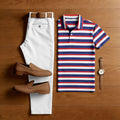 Men's 250Th Anniversary Red & Purple & White Color Matching Striped Printed Short Sleeved Polo Shirt & Trousers Two-Piece Set