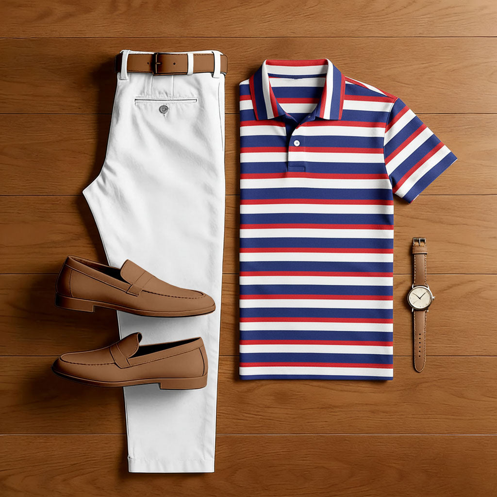 Men's 250Th Anniversary Red & Purple & White Color Matching Striped Printed Short Sleeved Polo Shirt & Trousers Two-Piece Set