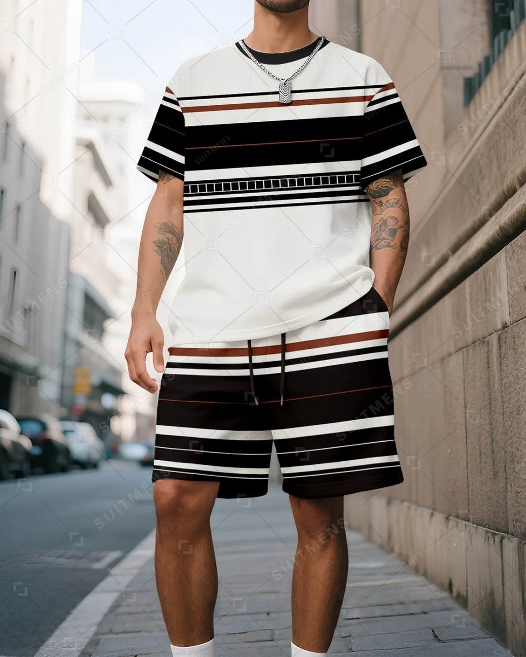 Men's Summer Colorblock Stripe Printed Crew Neck Suit 047