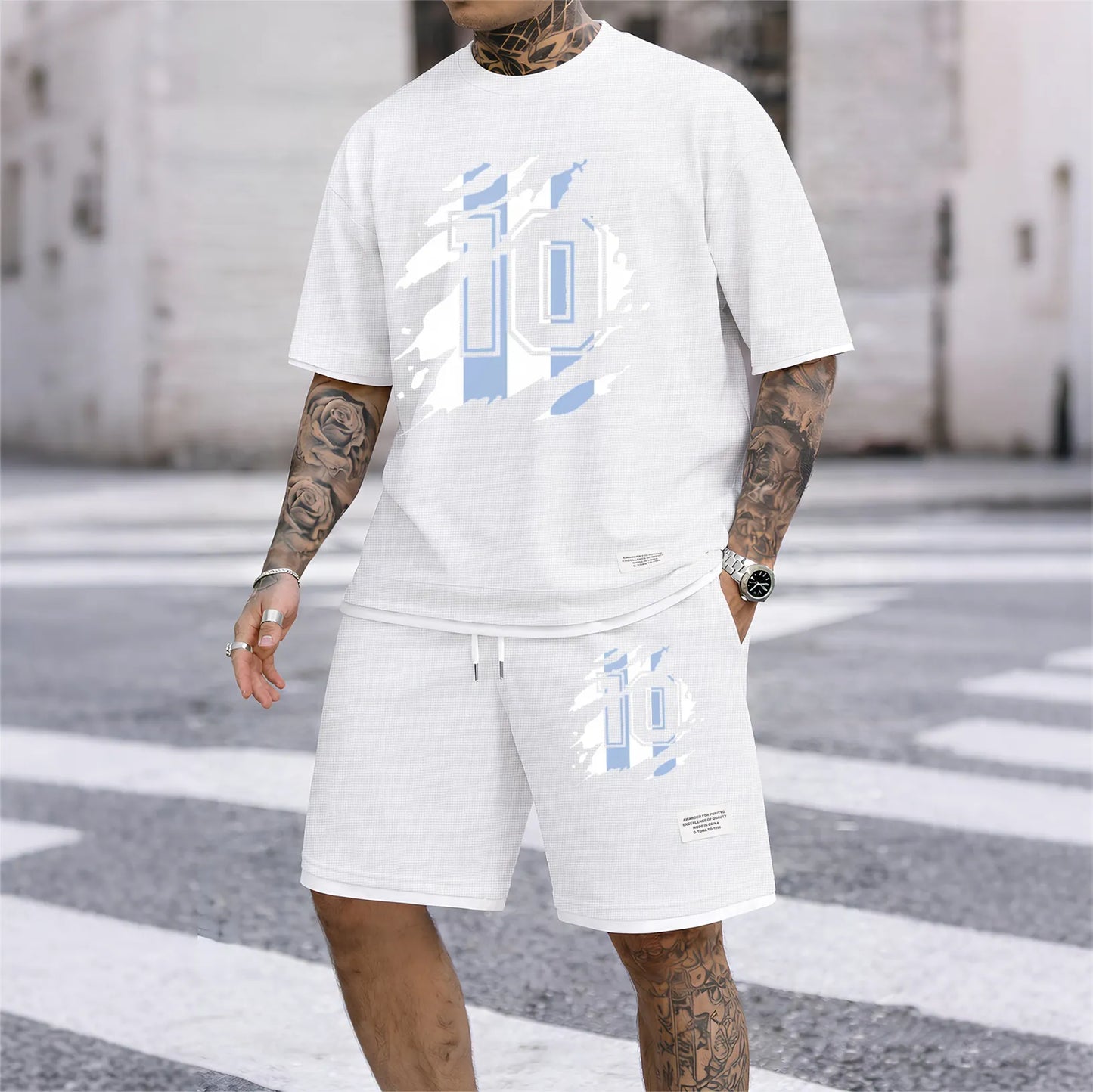 Men's classic number 10 printed drawstring shorts set, suitable for spring and summer wear. This casual summer set includes a short-sleeved shirt and shorts, perfect for everyday wear and sports.