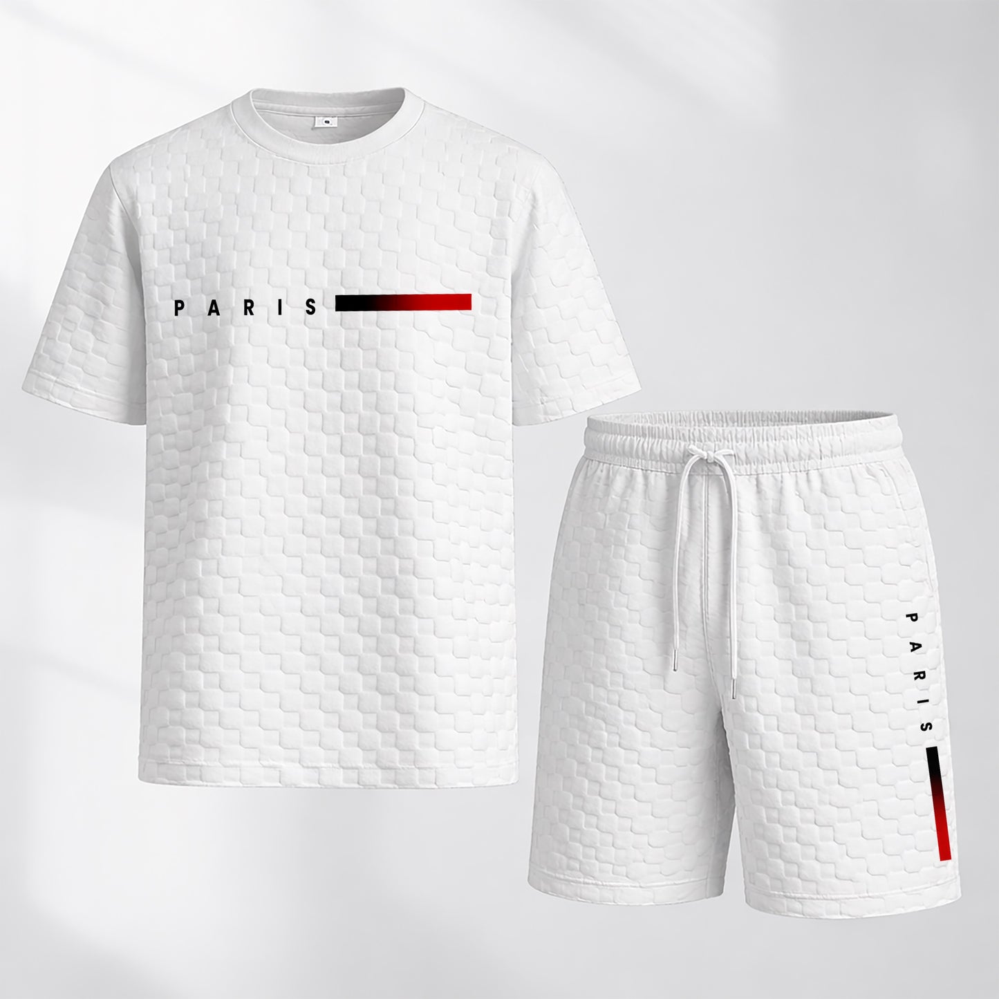Men's Spring and Summer 'PARIS' Letter Print with Red and Black Line Checkered Fabric Drawstring Shorts Set, Casual Summer Outfit with Short-Sleeved Shirt and Shorts, Ideal for Everyday Wear and Sports Activities