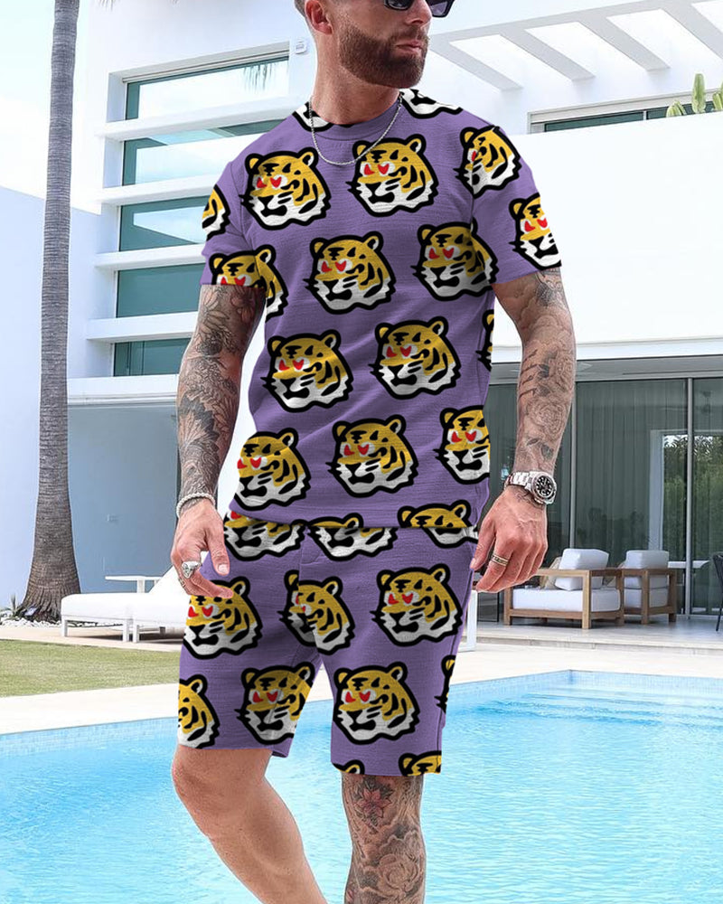 Men's Casual Tiger Print Shorts Set 44
