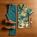 Men's Casual Dark Green Printed Polo Shirt And Pants Two-Piece Set
