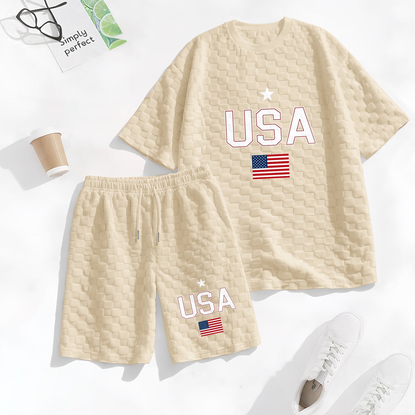 Men's Spring and Summer USA Letter Print with Flag Checkered Fabric Drawstring Shorts Set, Casual Summer Outfit with Short-Sleeved Shirt and Shorts, Ideal for Everyday Wear and Sports Activities