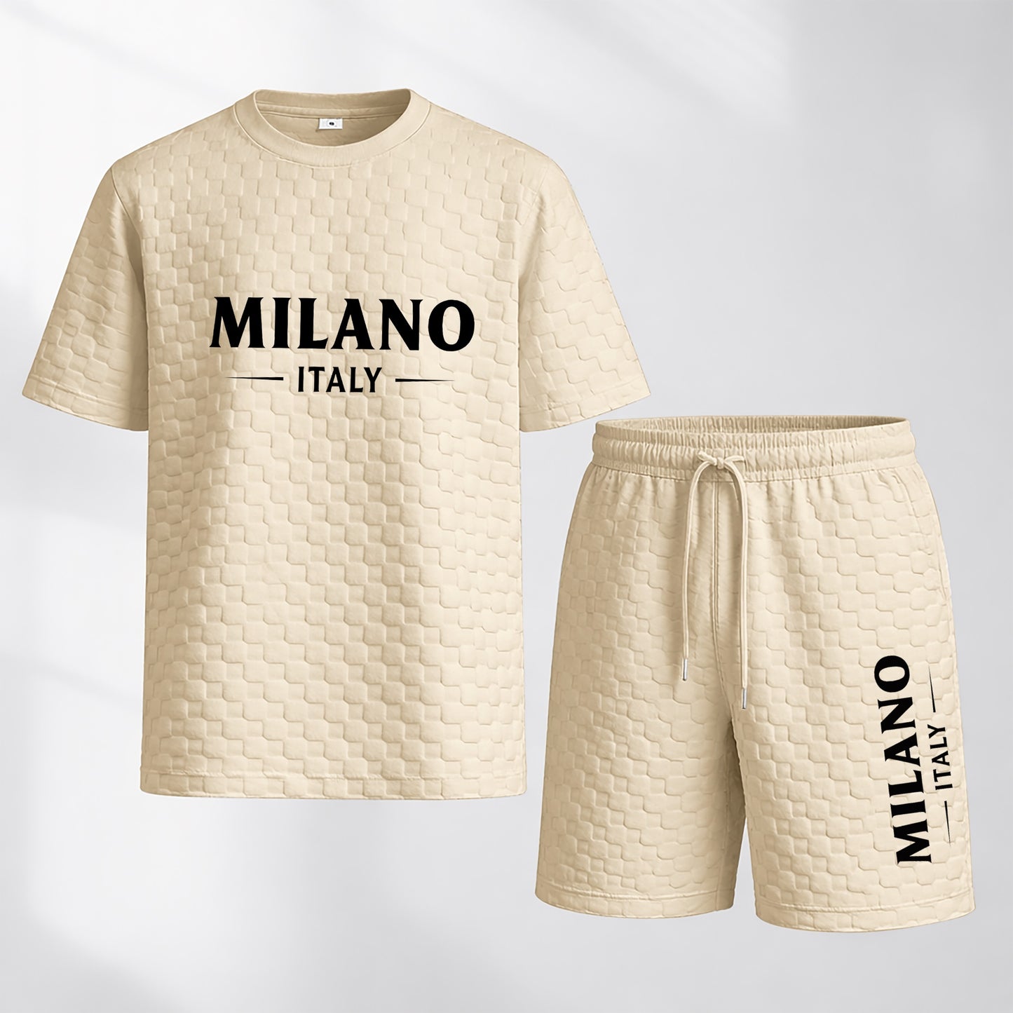 Men's Spring and Summer Milan Letter Print Checkered Fabric Drawstring Shorts Set, Casual Summer Outfit with Short-Sleeved Shirt and Shorts, Ideal for Everyday Wear and Sports Activities.