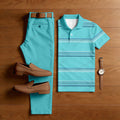 Men's Casual Lake Blue Color Matching Striped Printed Short Sleeved Polo Shirt & Trousers Two-Piece Set