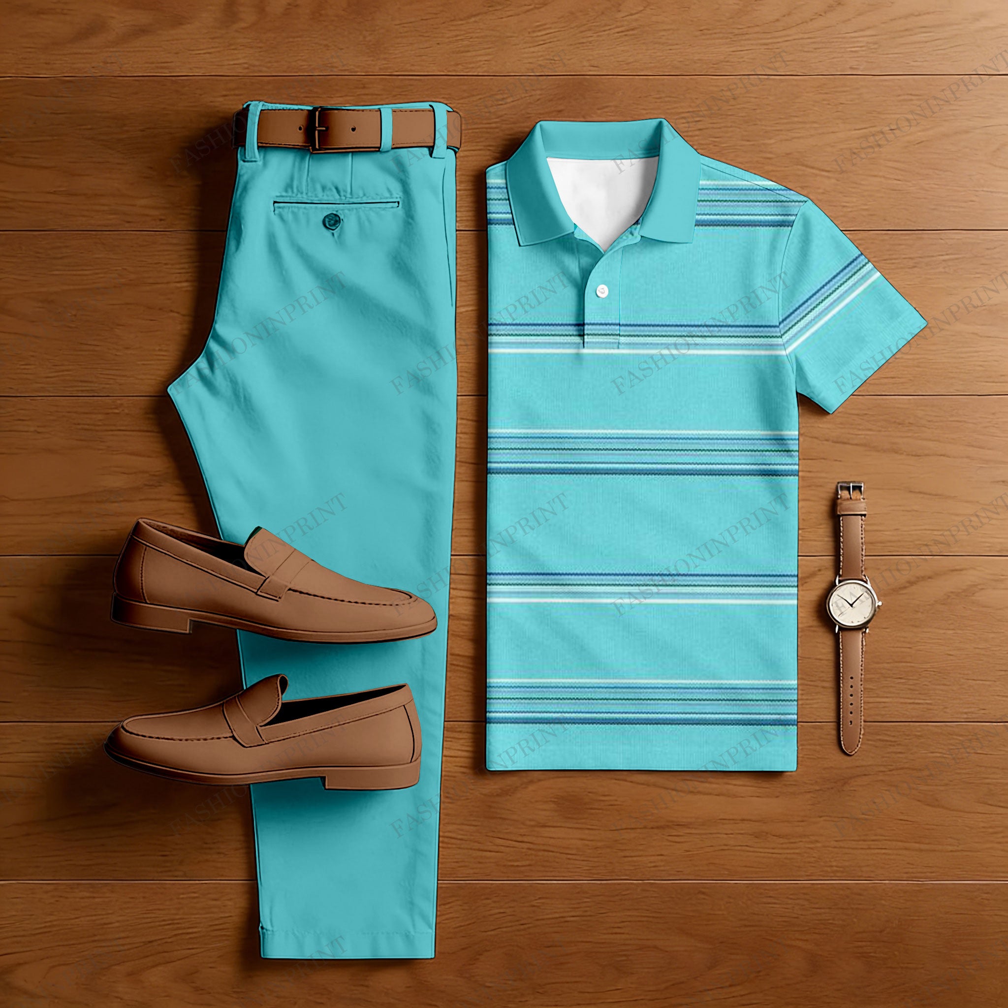 Men's Casual Lake Blue Color Matching Striped Printed Short Sleeved Polo Shirt & Trousers Two-Piece Set