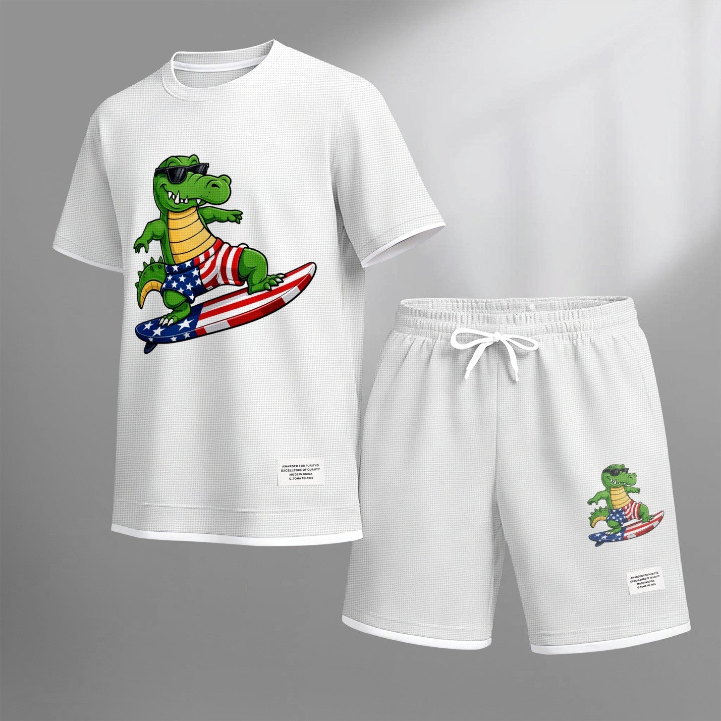 Men's Amusing Animals print drawstring shorts set for spring/summer, a casual summer outfit including a short-sleeved shirt and shorts, suitable for everyday wear and sports. A two-piece set for a relaxed and energetic lifestyle.