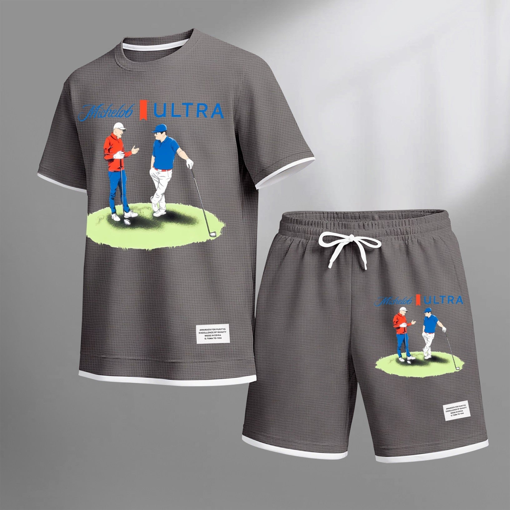 Men's vintage beverage print drawstring shorts set, suitable for spring and summer wear. This casual summer set includes a short-sleeved shirt and shorts, perfect for everyday wear and sports. Two-piece set design.
