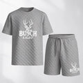 Men's Spring And Summer Light Beer Print With Red And Black Line Checkered Fabric Drawstring Shorts Set, Casual Summer Outfit With Short-Sleeved Shirt And Shorts, Ideal For Everyday Wear And Sports Activities