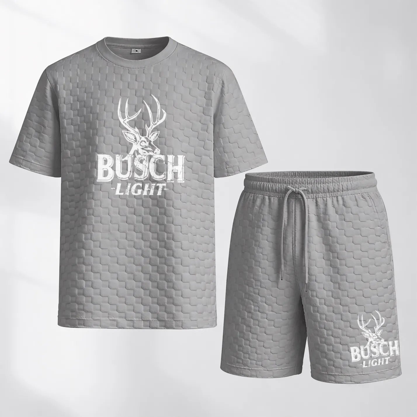 Men's Spring And Summer Light Beer Print With Red And Black Line Checkered Fabric Drawstring Shorts Set, Casual Summer Outfit With Short-Sleeved Shirt And Shorts, Ideal For Everyday Wear And Sports Activities