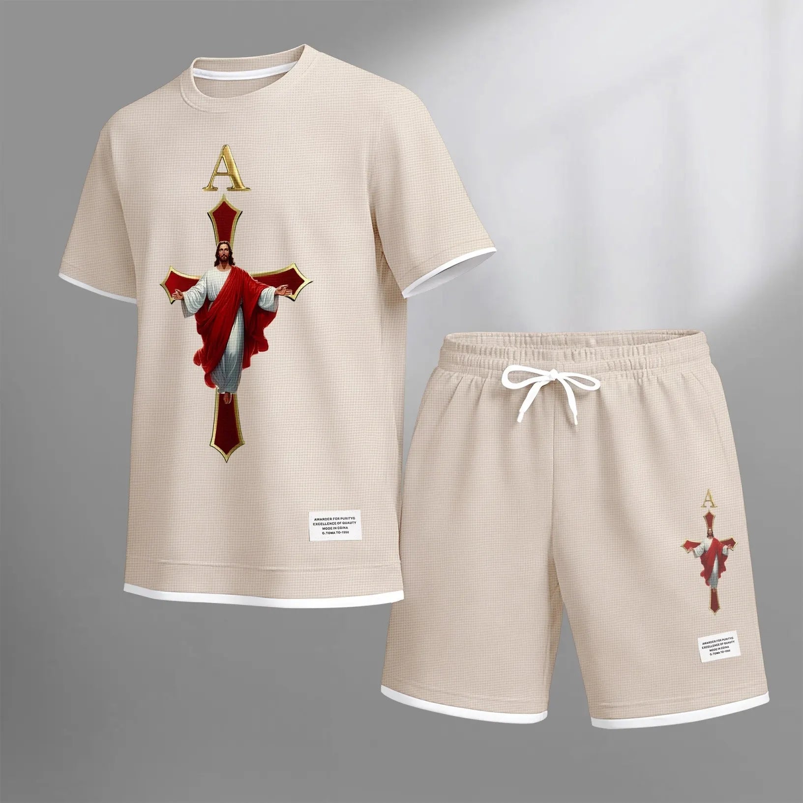 Men's Jesue print drawstring shorts set for spring/summer, a casual summer outfit including a short-sleeved shirt and shorts, suitable for everyday wear and sports. A two-piece set for a relaxed and energetic lifestyle.