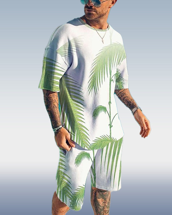 Men's White Hawaiian Print Shorts Set 415