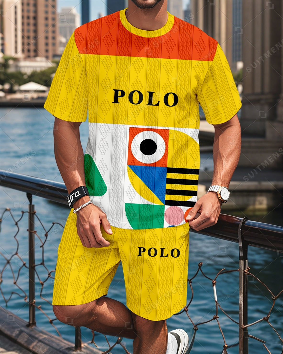 Men's Colorblock Round Neck Jacquard Texture Print Shorts Set  0014